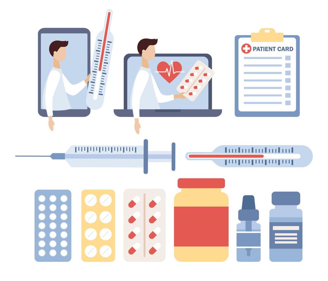 Online doctor consultation icon set. Medical support in smartphone app or web site on laptop. Patient card, thermometer, syringe, medicine. Vector flat illustration