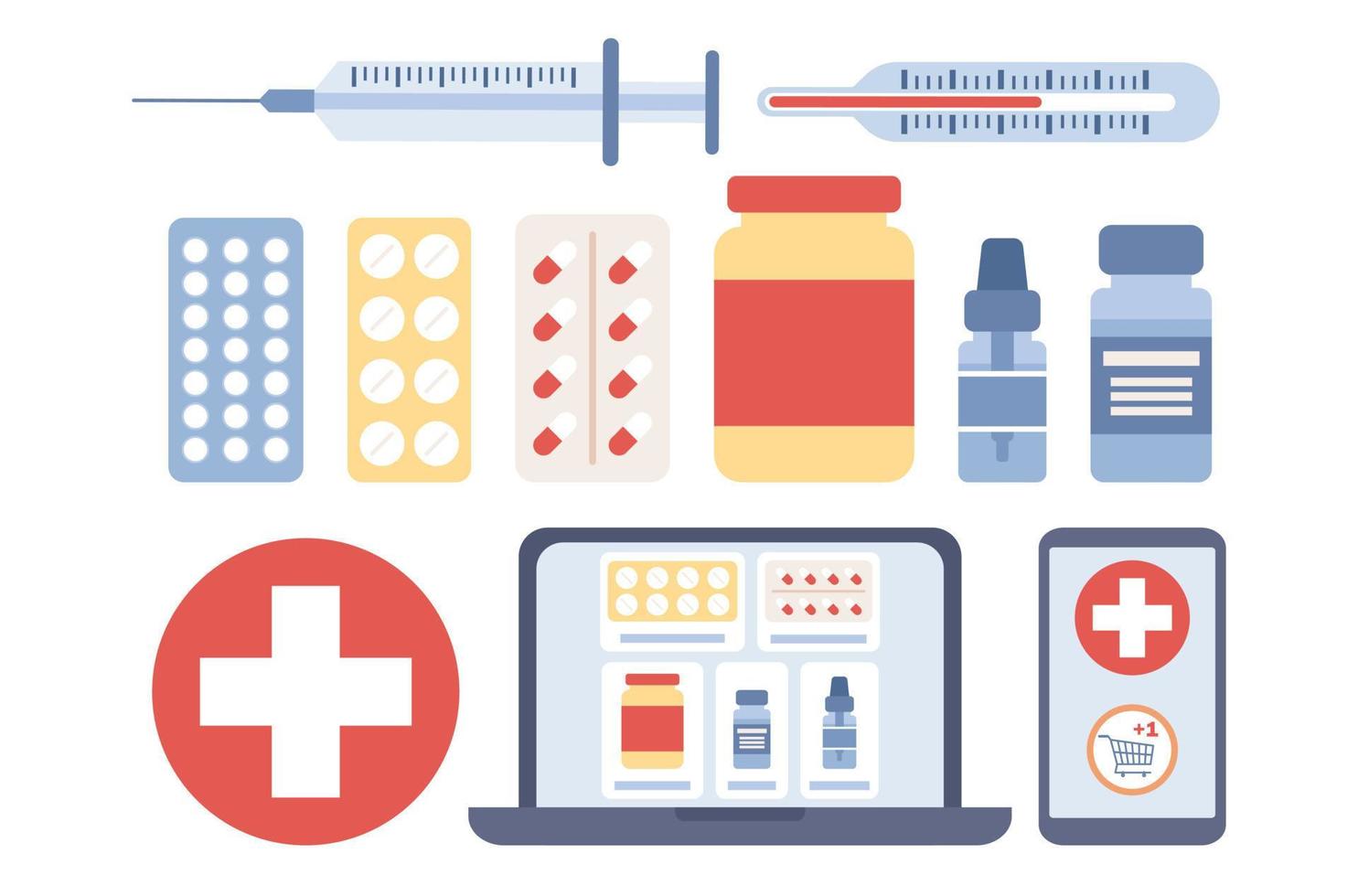 Online pharmacy icon set. Drugstore services in smartphone app, web site. Medical supplies, bottles, liquids, pills, thermometer, syringe. Medicine chest. Health Care concept. Vector flat illustration