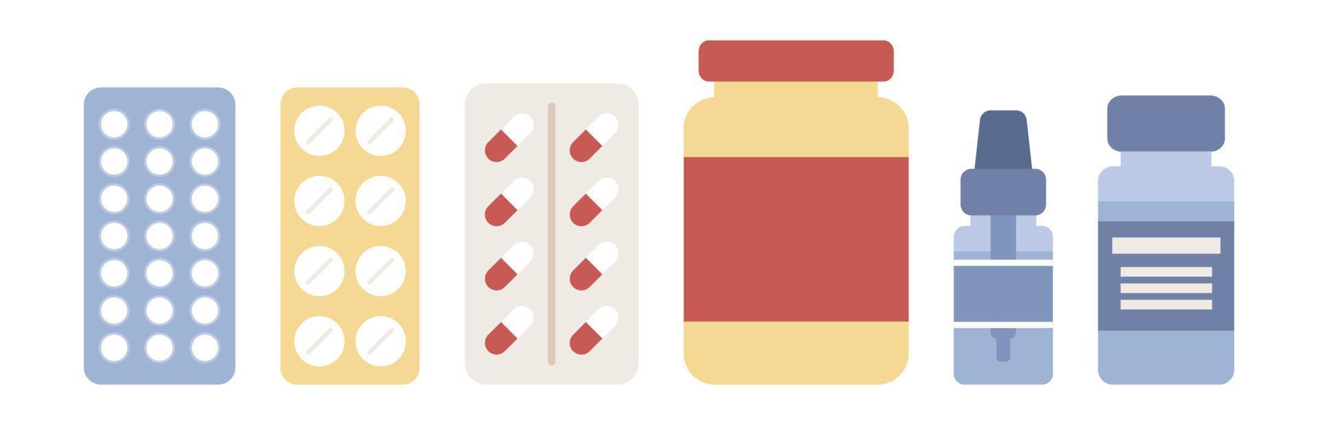 Medicine, medical supplies, bottles, liquids, pills. Pharmacy icon. Medicine chest. Health Care concept. Vector flat illustration