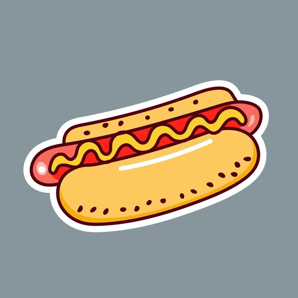 caliente perro con mostaza y salsa de tomate mano dibujado pegatina gratis vector