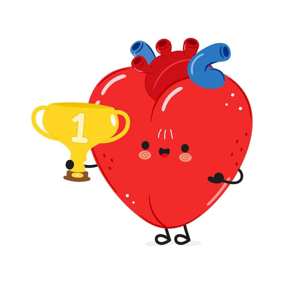 Cute funny heart organ hold gold trophy cup. Vector hand drawn cartoon kawaii character illustration icon. Isolated on white background. Heart organ with winner trophy cup
