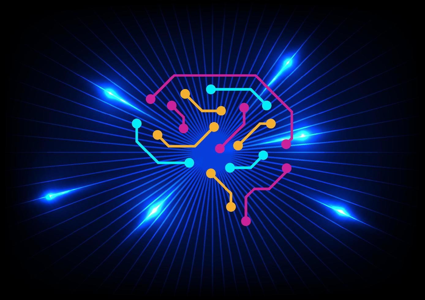 Creative and idea concept. Circuit brain with light rays on blue background. Artificial intelligence. Mechanism teamwork engineer. vector