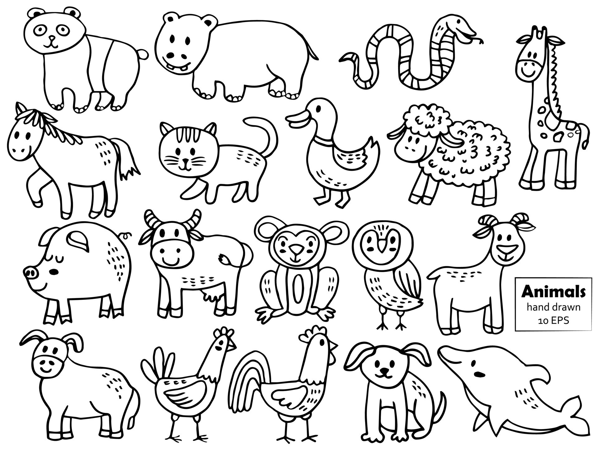 Wild animals cartoon jungle, farm and sea creatures set. Black and