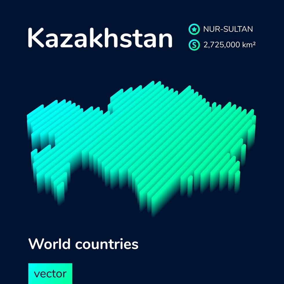3D map of Kazakhstan. Stylized striped vector Map of Kazakhstan is in green and mint colors on the dark blue background