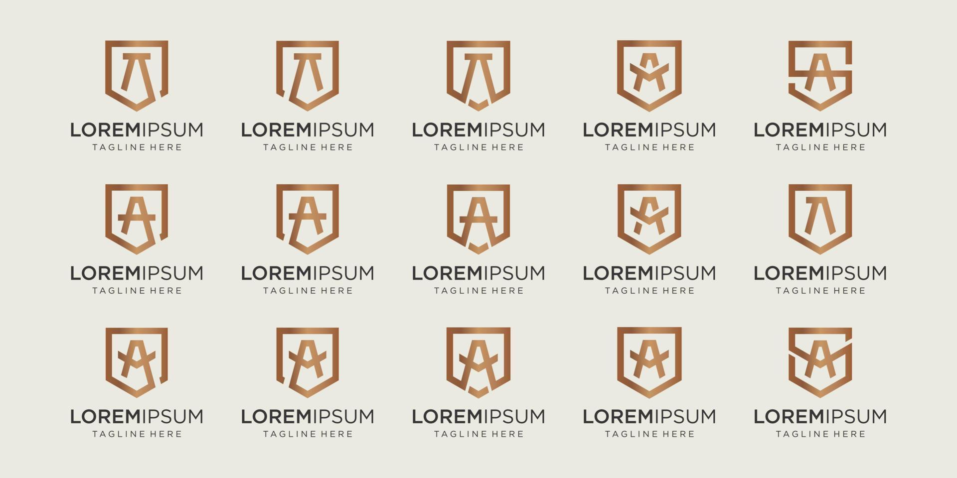 set of letter A monogram and shield sign combination. Line art logo design. Symbolizes reliability, safety, power, security.  luxury logotype. vector