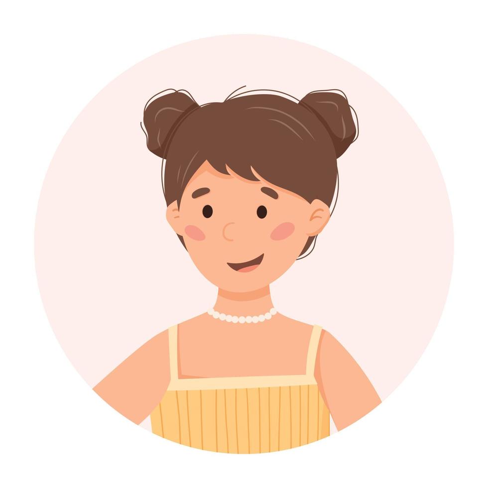 Portrait of a cheerful young smiling girl. Cartoon round vector banner.