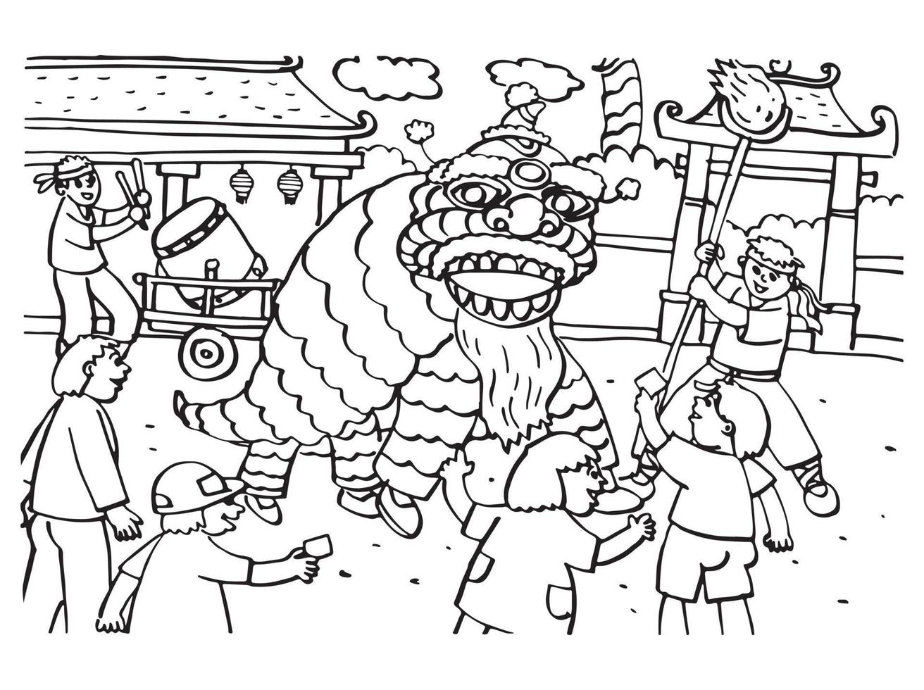 Vector illustration of people are celebrating chinese new year. Suitable for coloring book, coloring pages, poster, etc