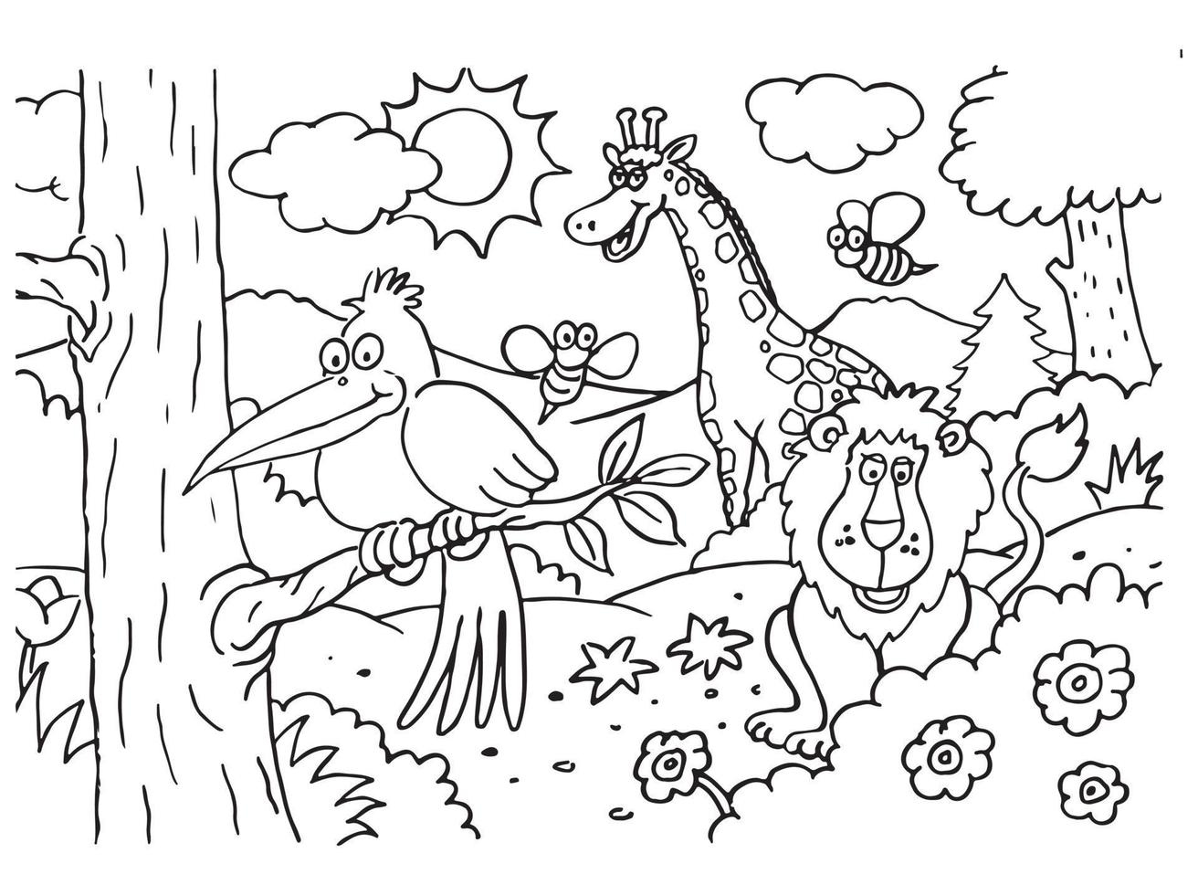 Line art of animals in the forest. Suitable for coloring book, coloring
