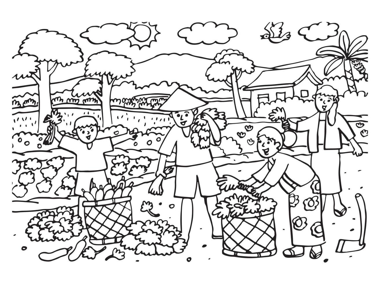 línea Arte de un agricultores familia quien son cosecha su agrícola productos en el campos. adecuado para colorante libro, colorante páginas, etc vector