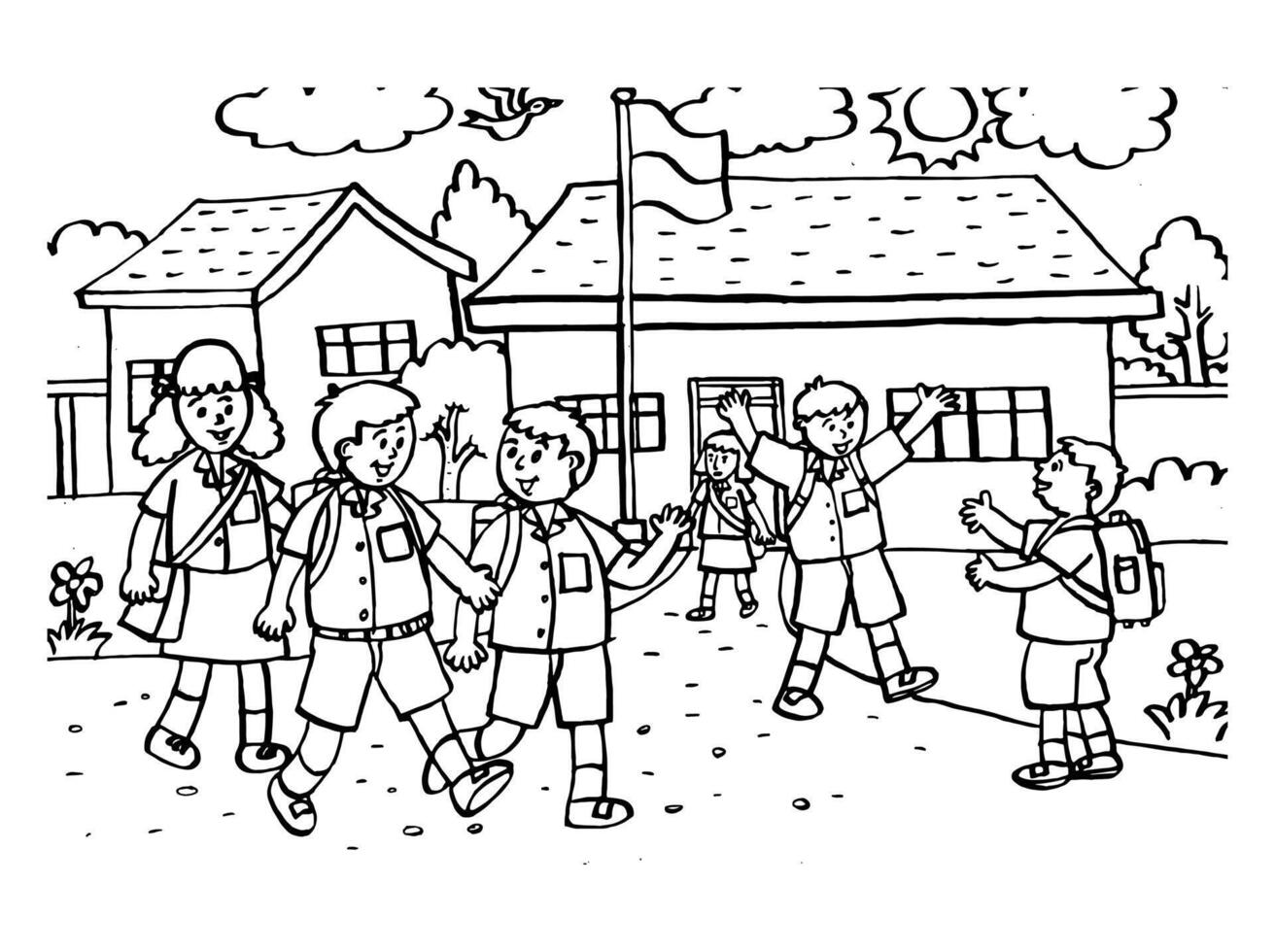 Vector illustration of students on the school. Suitable for coloring book, coloring pages, background, poster, banner, etc