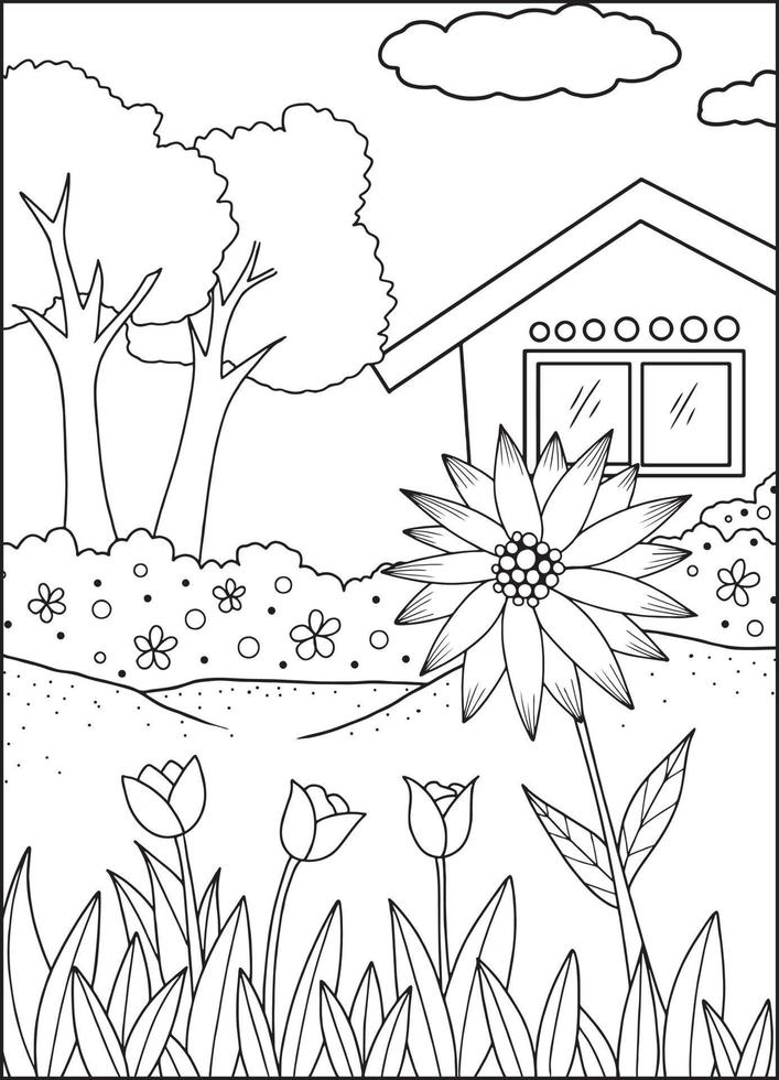 Vector illustration of a house surrounded by trees and flowers Suitable for coloring book, coloring pages, etc