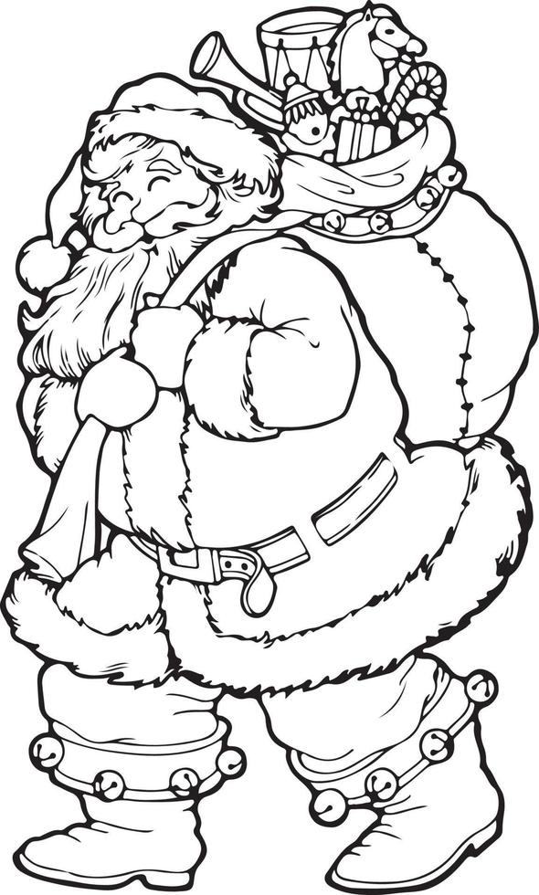 Vector illustration of santau claus and a bag of gift. Suitable for coloring book, coloring pages, sticker, poster, card, etc