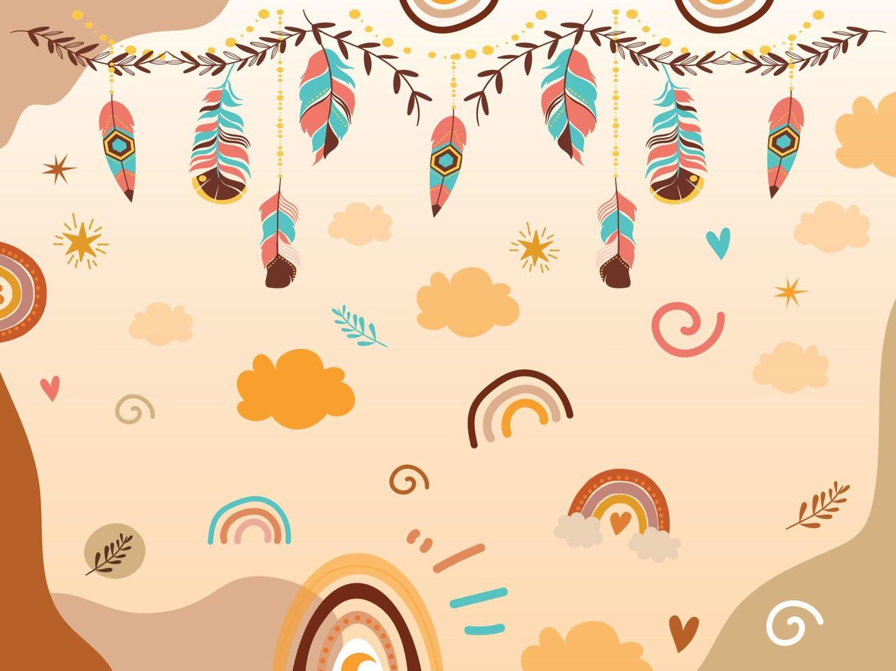 Vector hand drawn of boho clipart decoration with cute rainbow, moon, stars, clouds. Doodle modern illustration that suitable for birthdays, kids parties, wrapping, fabric, etc