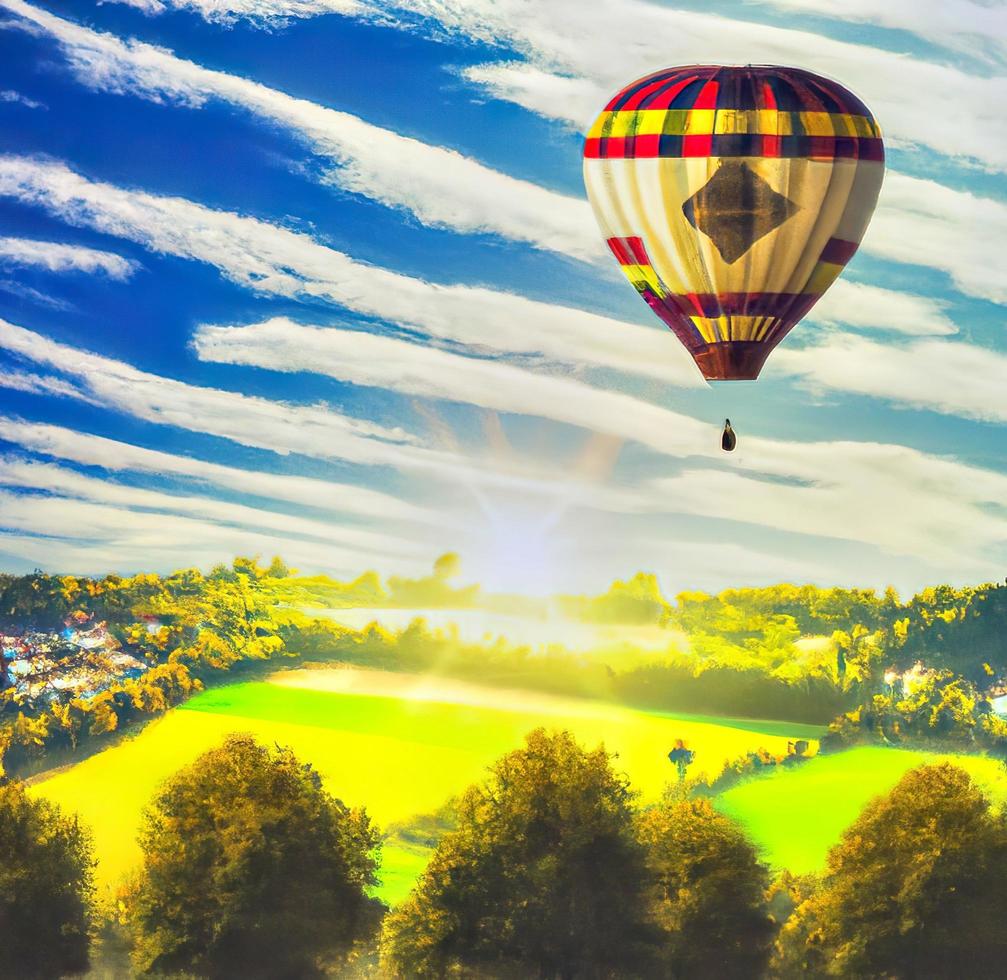 A Hot Air balloon is flying over a field with the sun shining on it photo