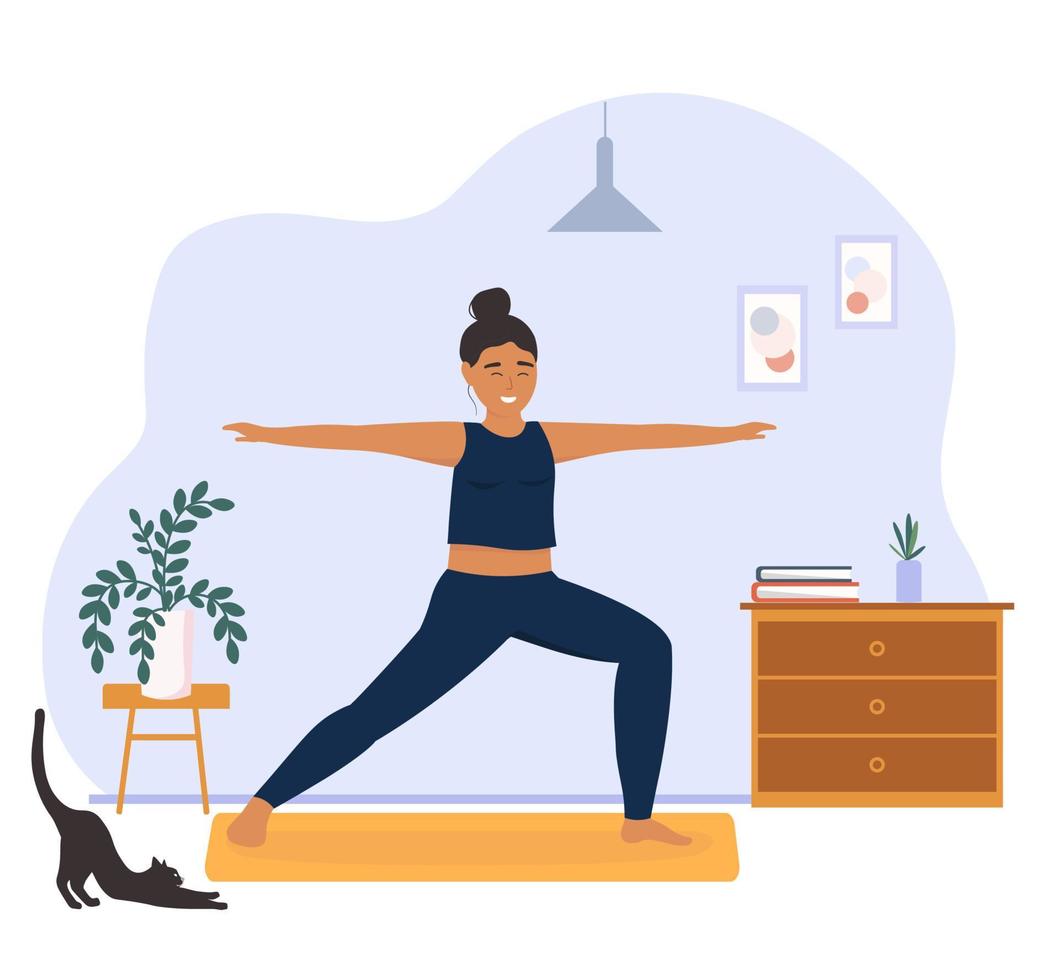 un mujer lo hace yoga a hogar en un habitación, mantiene balance. ejercicios para meditación, salud, extensión. vector plano gráficos.web