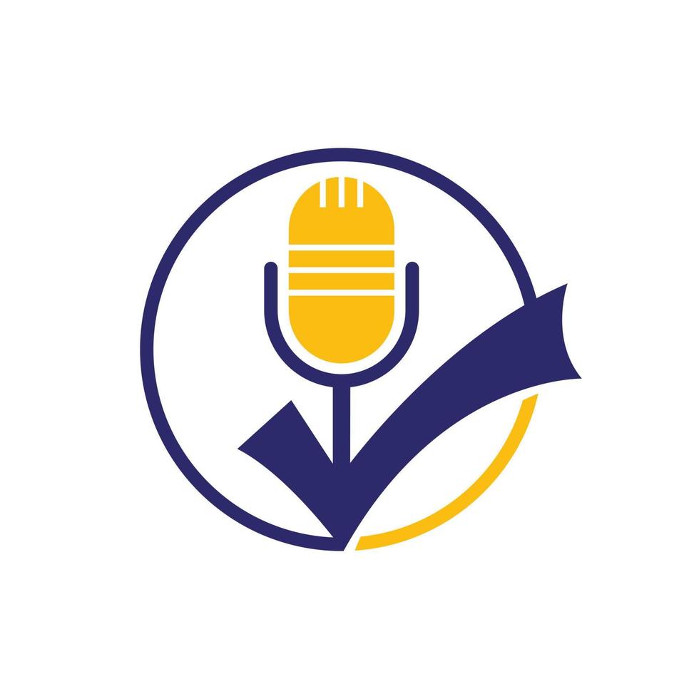 Check podcast vector logo design template. Microphone and tick icon design.