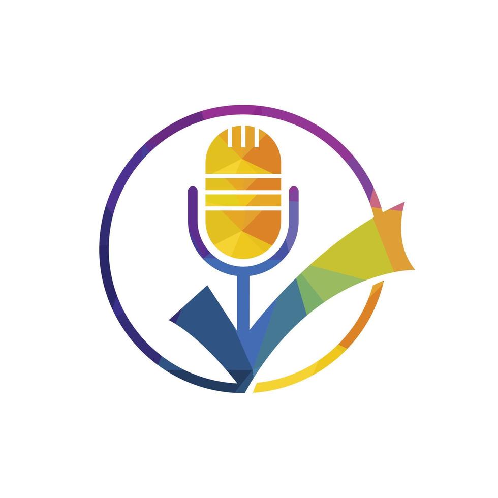 Check podcast vector logo design template. Microphone and tick icon design.