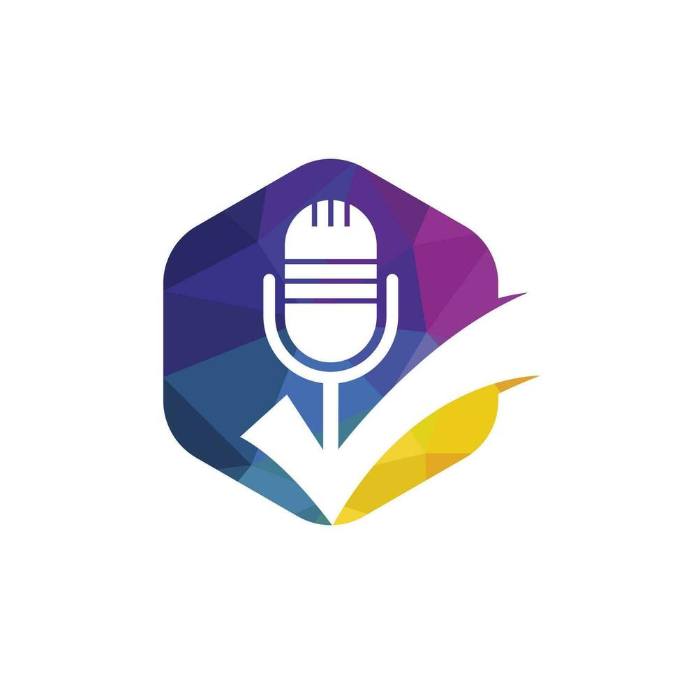 Check podcast vector logo design template. Microphone and tick icon design.