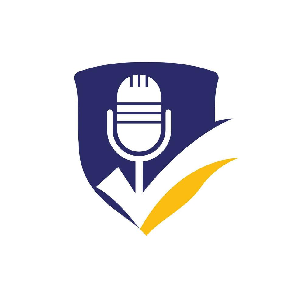 Check podcast vector logo design template. Microphone and tick icon design.