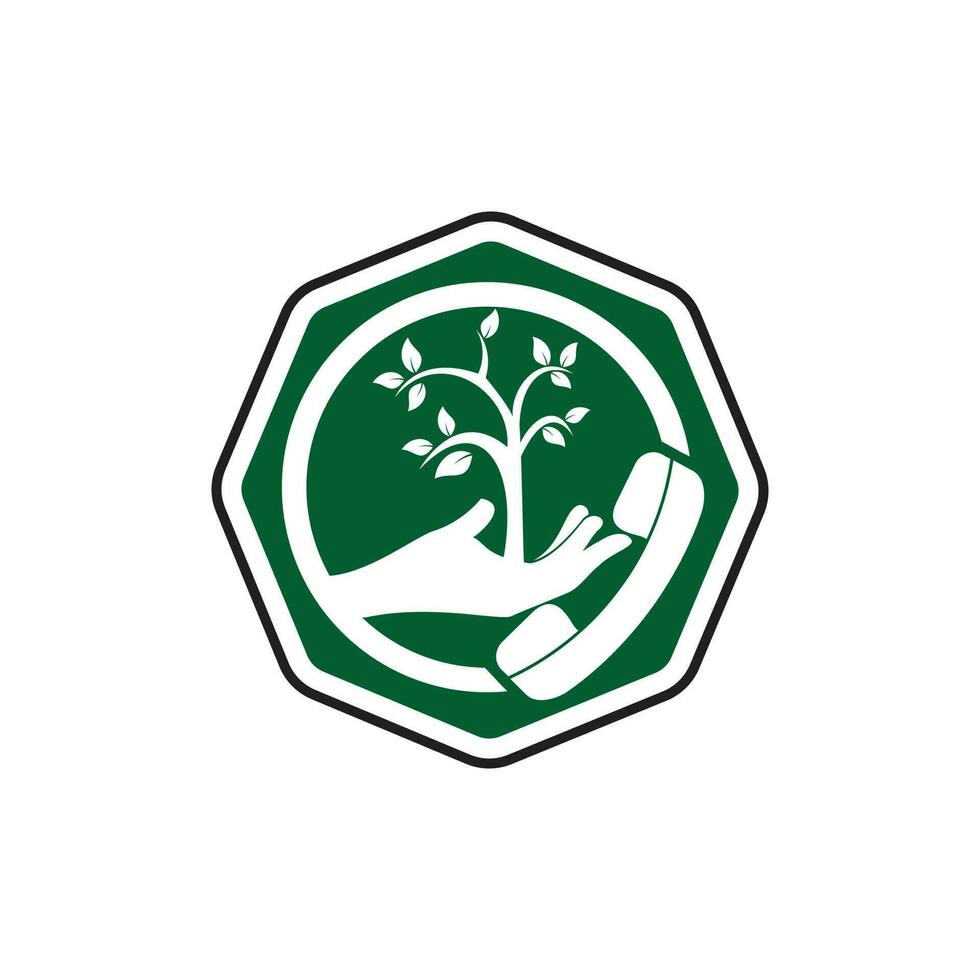 Nature call vector logo design. Handset and hand tree icon design template.