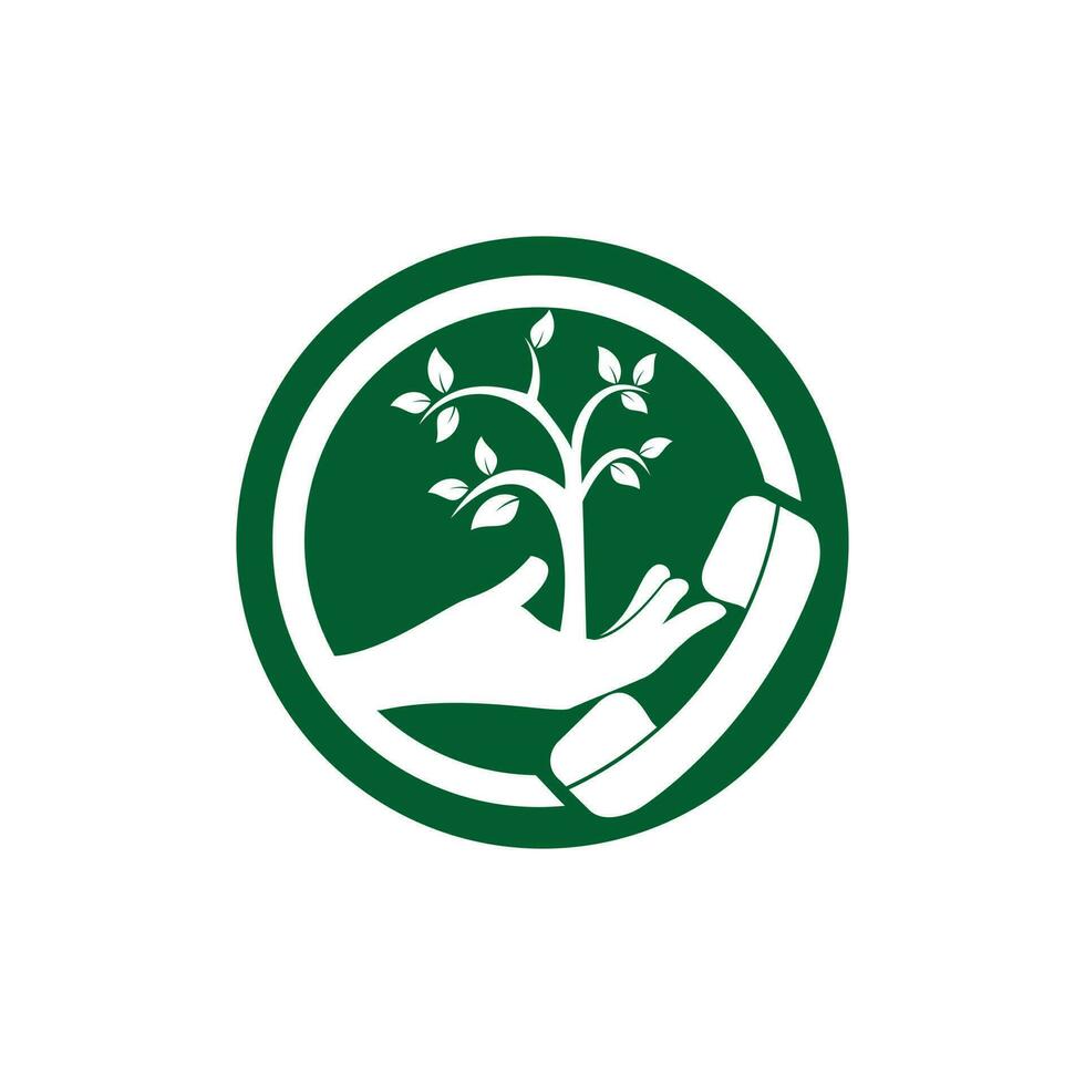 diseño de logotipo de vector de llamada de naturaleza. plantilla de diseño de icono de árbol de mano y auricular.