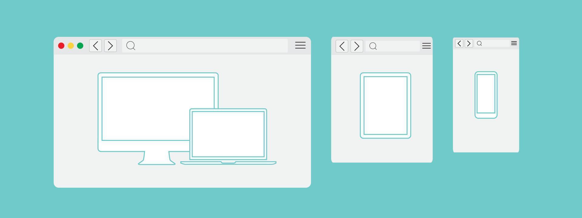 conjunto de plano blanco navegador ventanas para diferente dispositivos. vector. computadora, teléfono tamaños dispositivo íconos inteligente teléfono y escritorio computadora. vector ilustración de sensible web diseño.