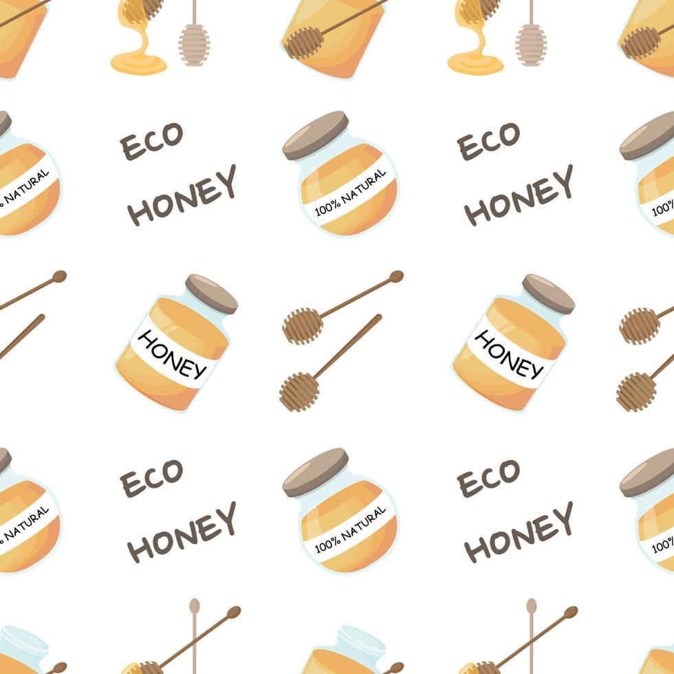 seamless pattern with bee honey in a glass jar. eco honey vector