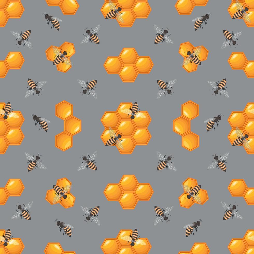 seamless pattern with bees and honeycombs on a gray background vector