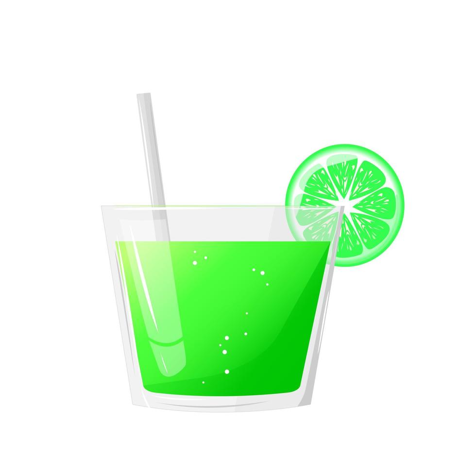 A glass of lime juice, and a slice of lime. Natural fresh squeezed juice. Healthy diet. The design concept of a web page,advertising,cafe,menu. Vector illustration