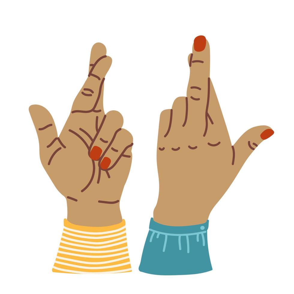 fingers wishing good luck. Fingers crossed hand gesture. Lucky sign. Promise with two fingers. Flat cartoon Vector illustration