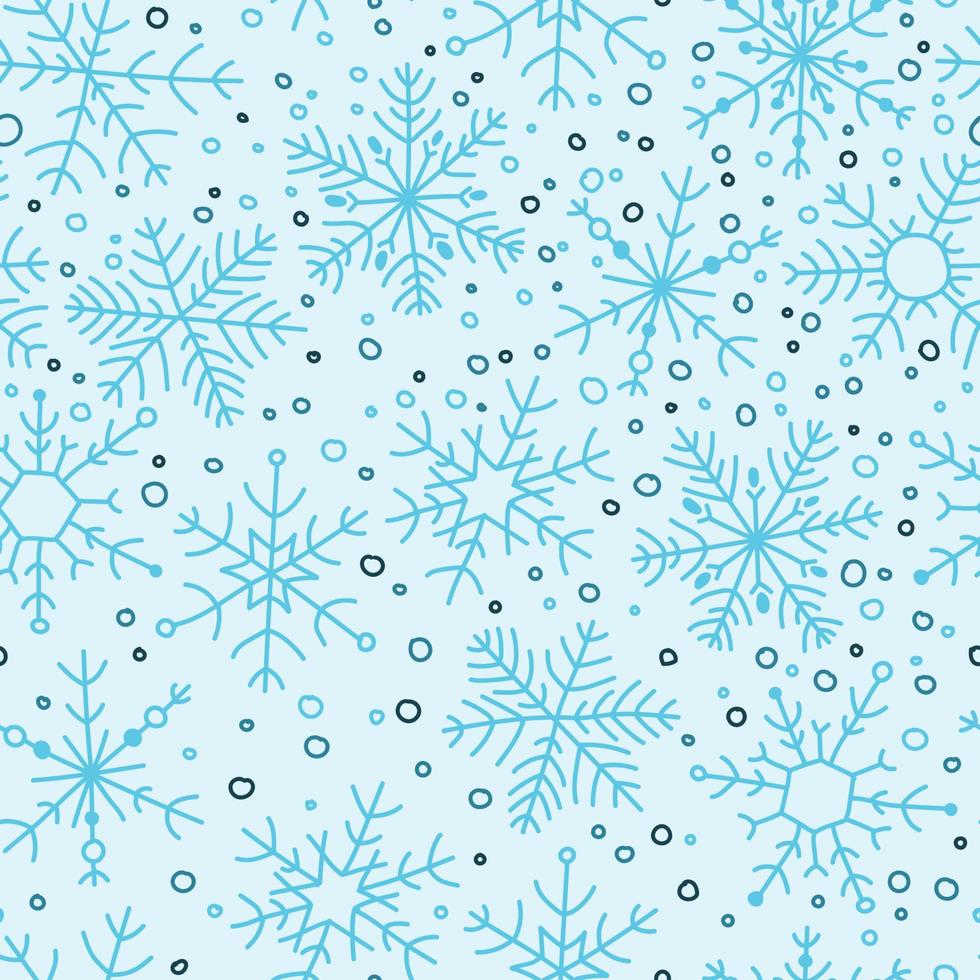 Blue snowflake simple hand drawn vector seamless pattern. New year, Christmas texture, winter snow, frozen ice crystal, Xmas frost symbol