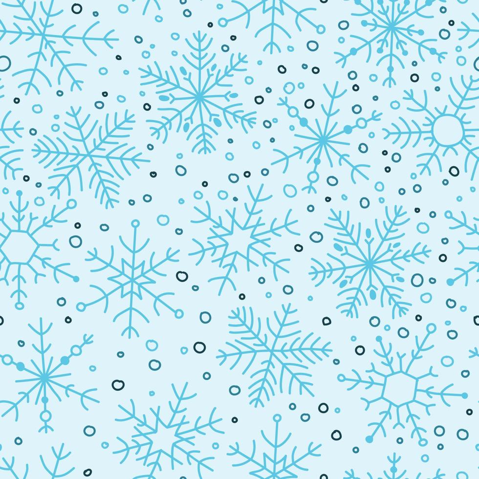 copo de nieve azul simple dibujado a mano vector patrón sin costuras. año nuevo, textura de navidad, nieve de invierno, cristal de hielo congelado, símbolo de escarcha de navidad