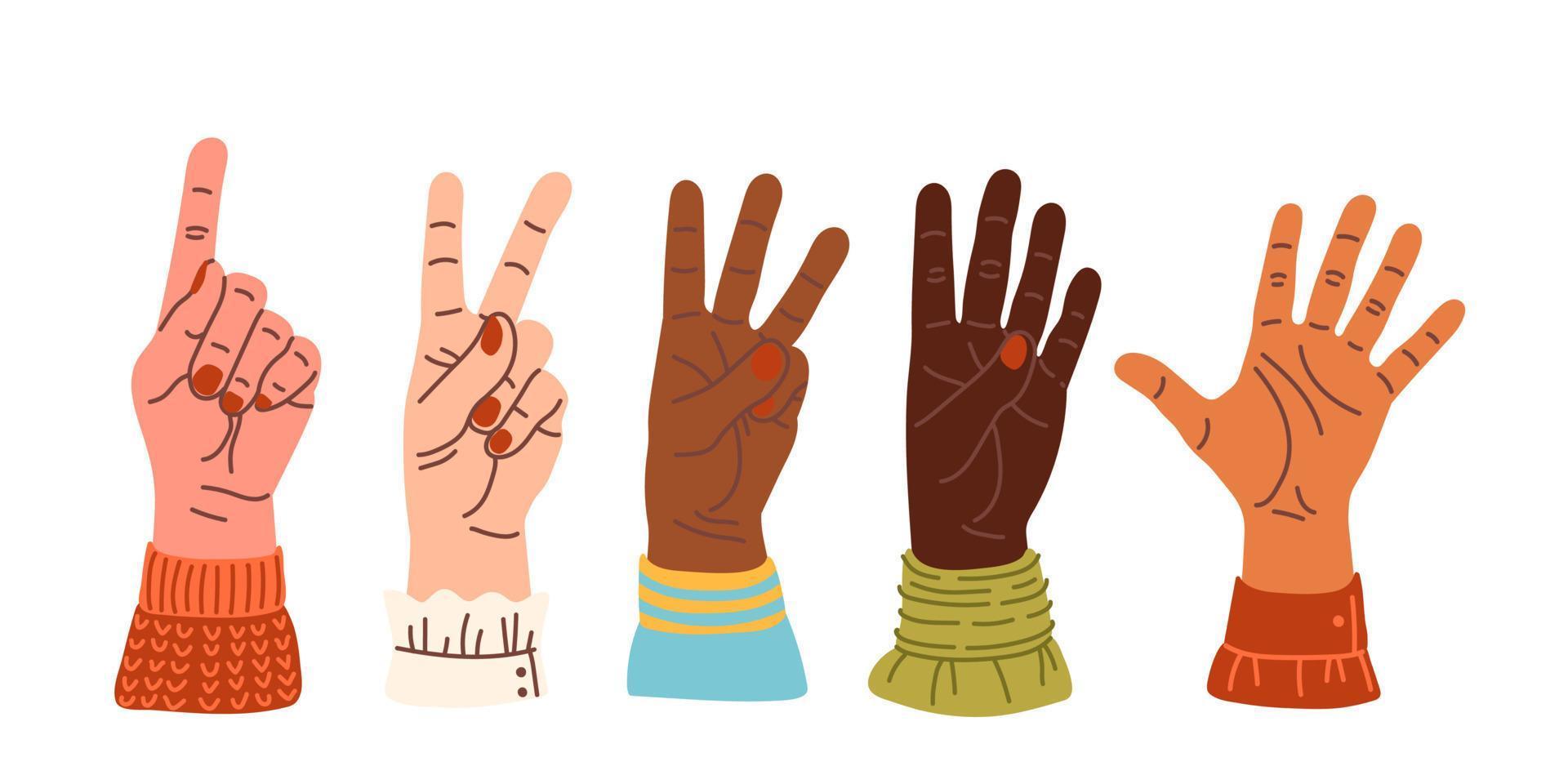 Hands count, counting on the fingers Hand gesture vector illustration isolated. Numbers on the hands. Hand smudge. different nationalities races Diverse society Cartoon style