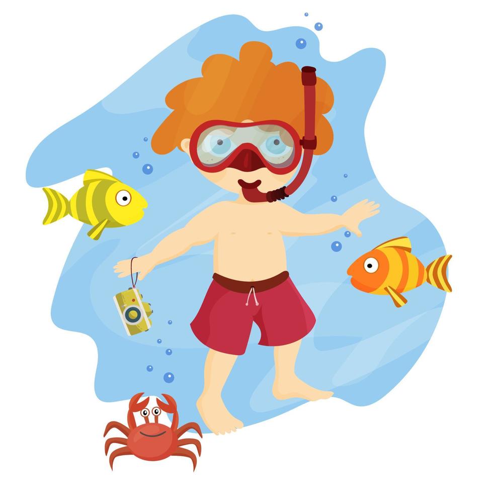 a boy underwater with sea fish snorkeling and photographing the underwater world vector