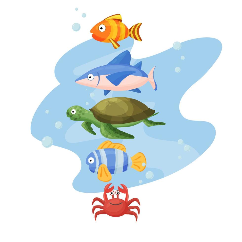 multicolored set of marine animals and fish under water vector