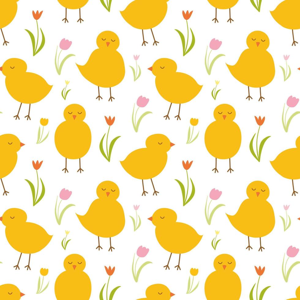 Cute chicken seamless pattern. Easter yellow chickens on white background. Cartoon pattern in yellow colors. Wrapping paper, Easter decor, invitations. textile. vector