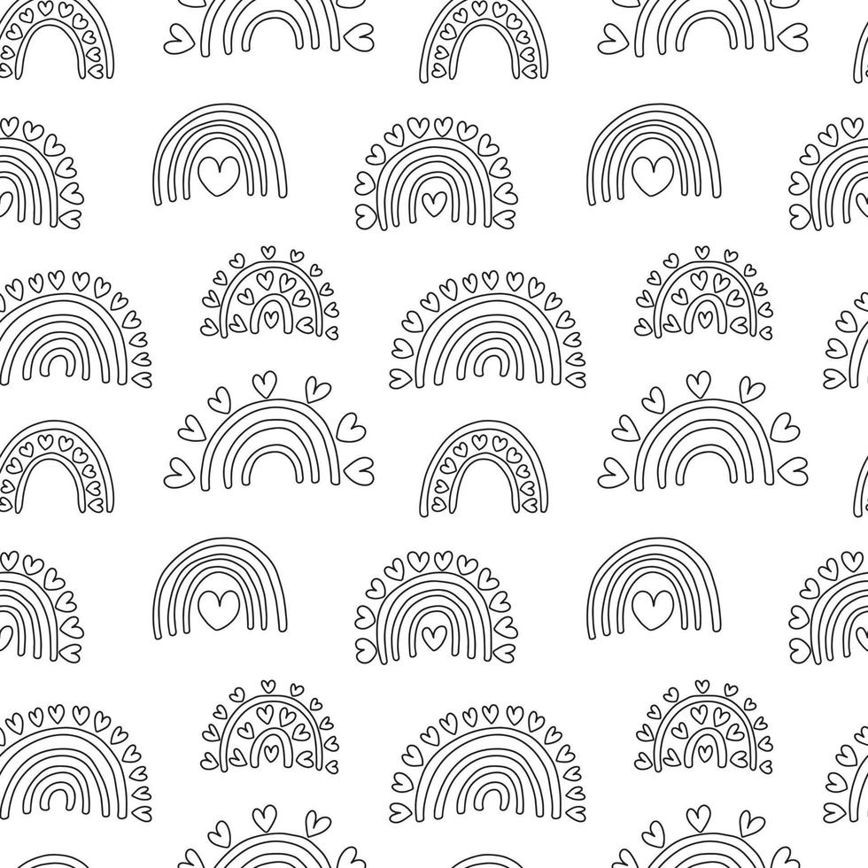 Cute doodle love rainbows seamless pattern. Different kinds of rainbows with hearts vector pattern