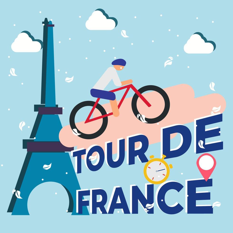 Tour de France multi stage bicycle race vector illustration. Illustration of a bicycle racer and the Eiffel Tower on a blue background