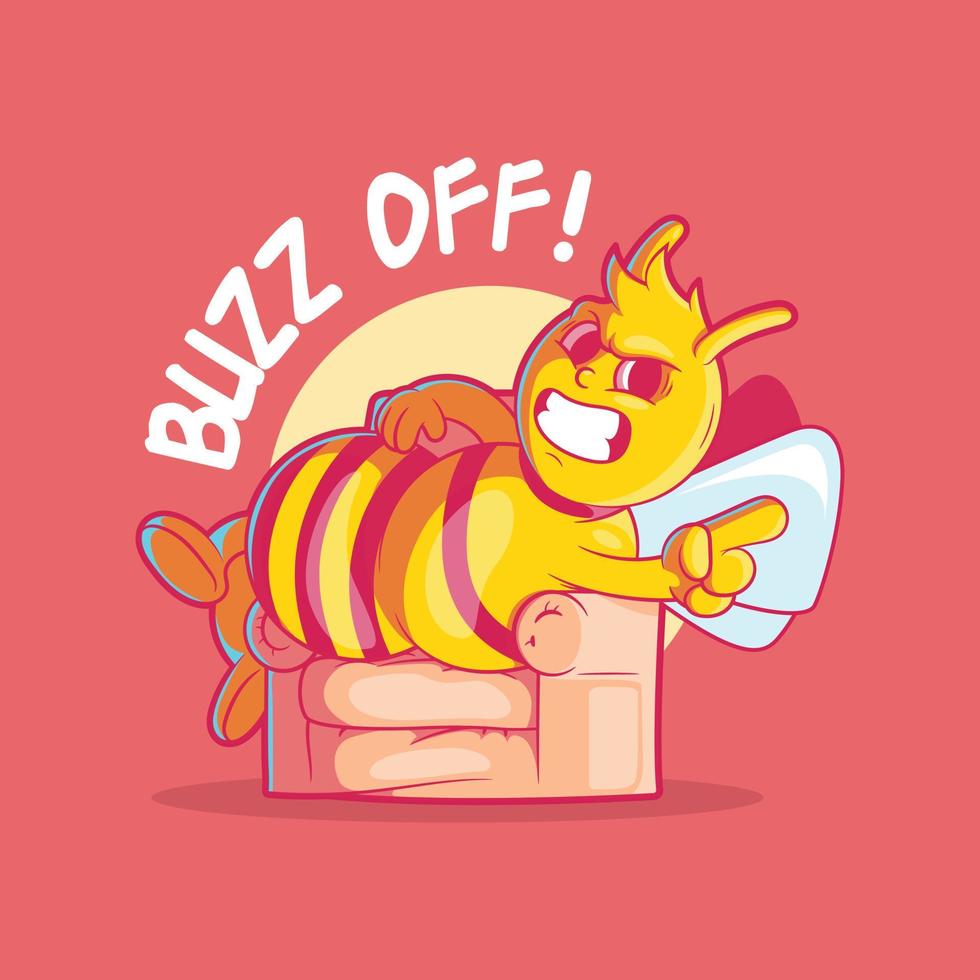 Angry bee character seated on a couch vector illustration. Mascot, logo, funny design concept.