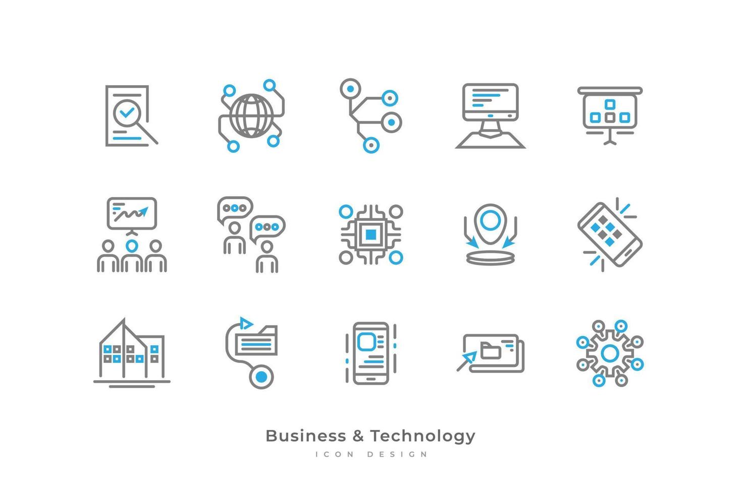 Set of Business and Technology Icons with Simple Line Style. Contains Computer, Data, Connection, Community, Microchip, Smartphone, Configuration and More vector