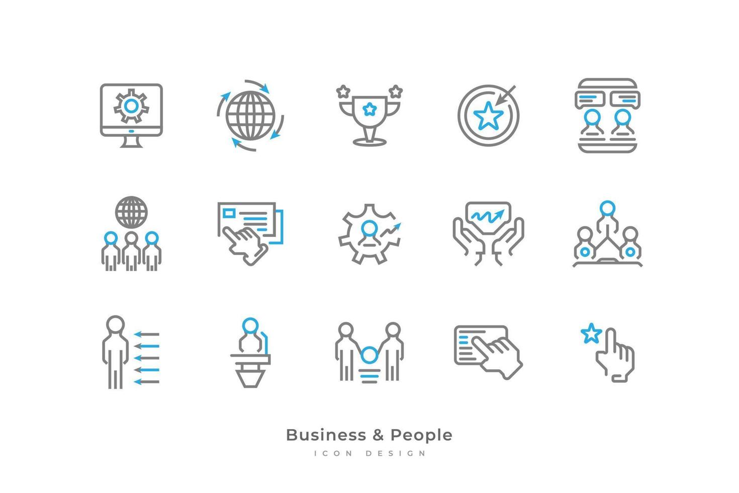 Set of Business and People Icons with Simple Line Style. Contains Computer, Cup, Goal, Human Resources, Business People, Structure and More vector