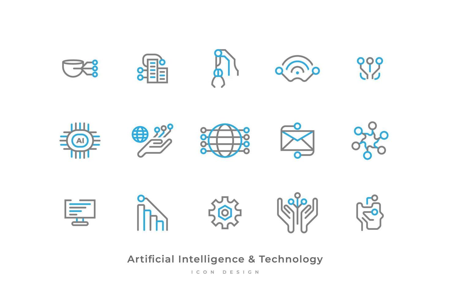 Set of Artificial Intelligence and Technology Icons with Simple Line Style. Contains Computer, Connection, Network, Data, Circuit Board and More vector