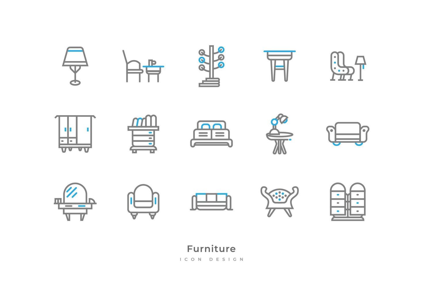Set of Furniture Icons with Simple Line Style. Contains Lamp, Chair, Table, Cupboard, Wardrobe, Bookshelf, Bed, Mirror and More vector