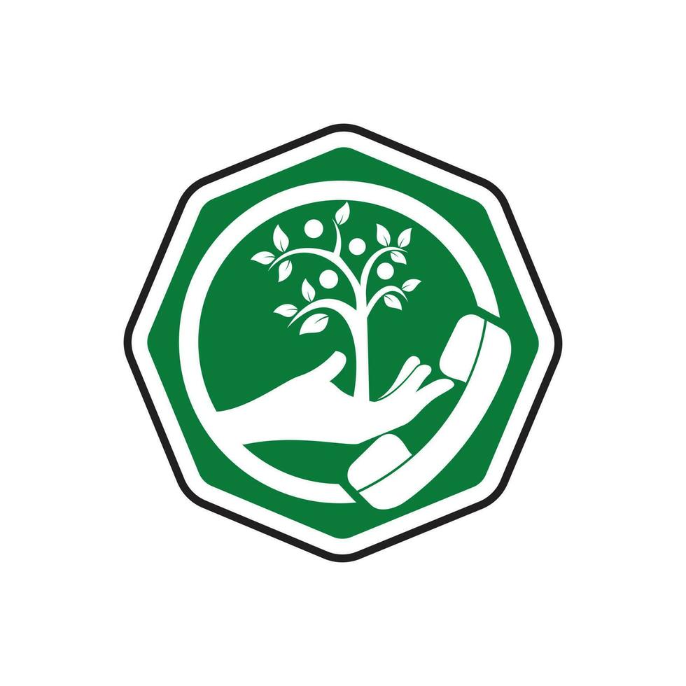 diseño de logotipo de vector de llamada de naturaleza. plantilla de diseño de icono de árbol de mano y auricular.