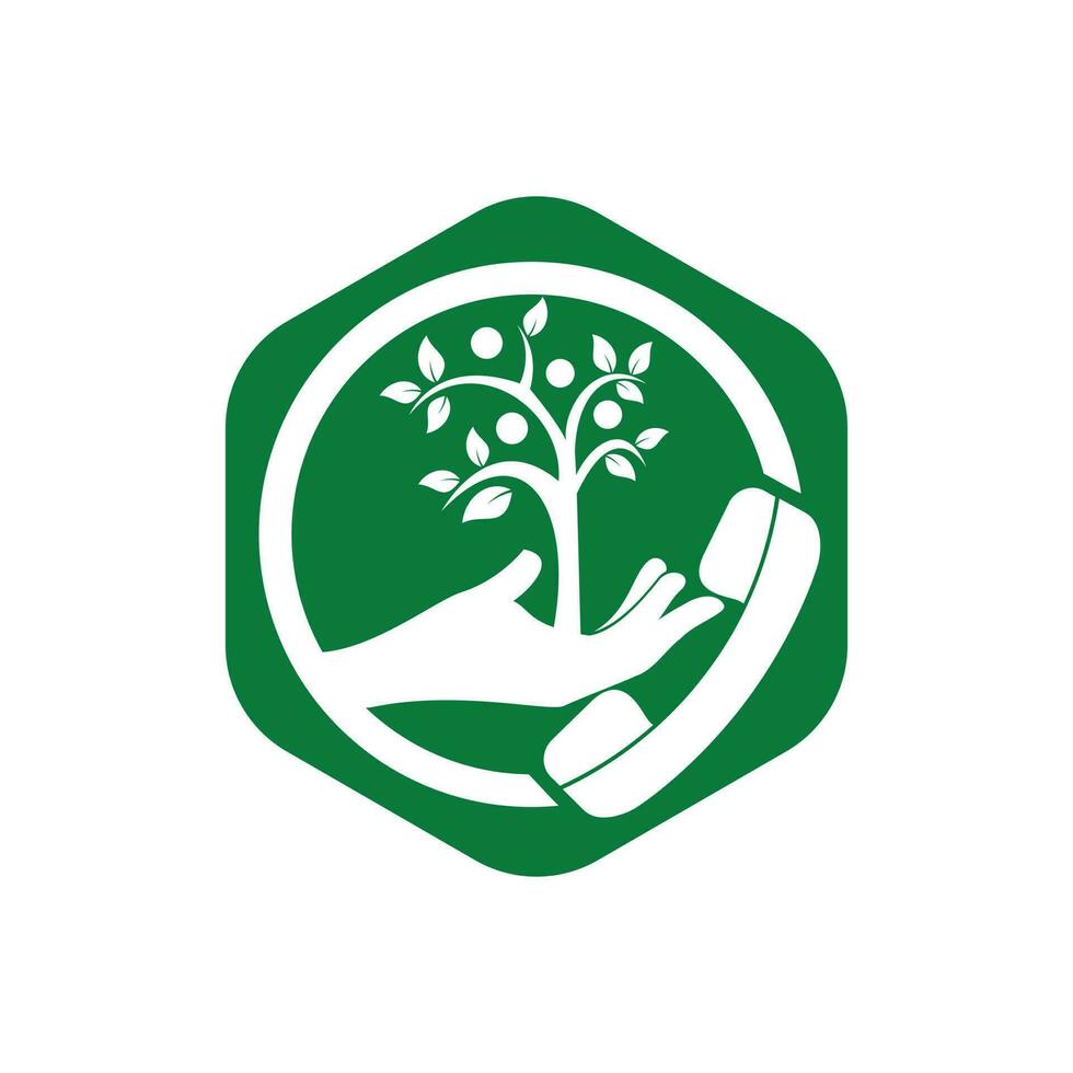 diseño de logotipo de vector de llamada de naturaleza. plantilla de diseño de icono de árbol de mano y auricular.