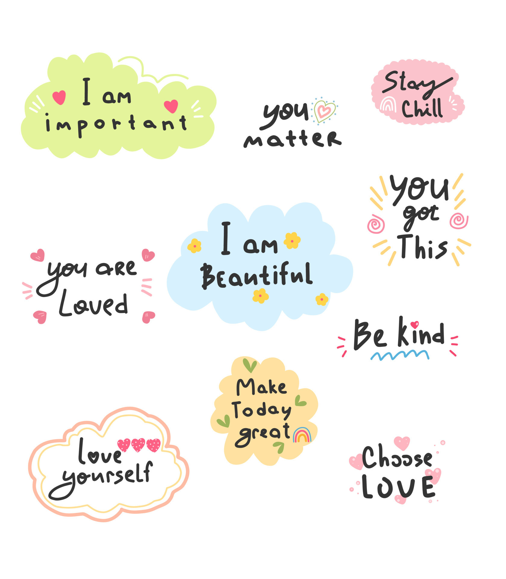 Be Kind To Yourself Positive Phrase. Set Of Positive Thinking Quotes. Self  Care, Self Love. Vector Typography For Cards, Posters, T-Shirts, Badges,  Stickers, Etc. 21584867 Vector Art At Vecteezy