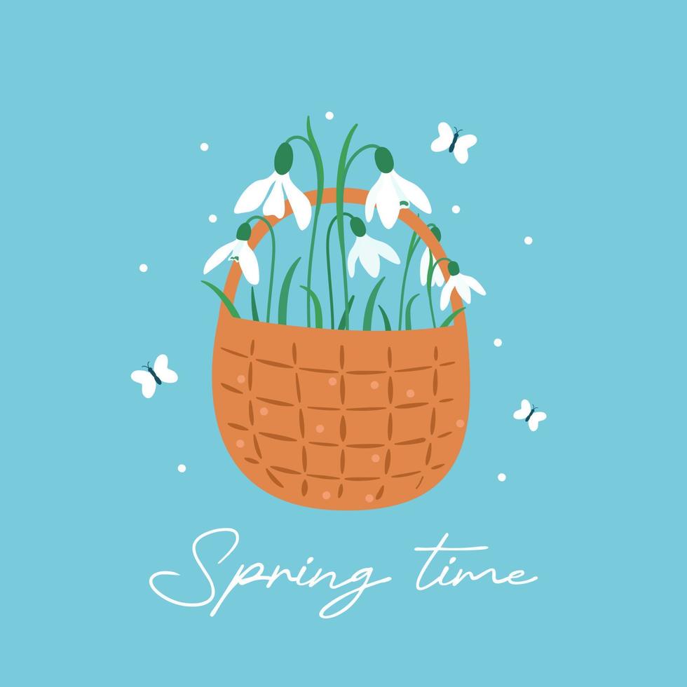 Spring time. Bouquet snowdrops flowers in basket. Spring beautiful wildflower. Blossom plant. Greeting card, poster, banner, social media template. Vector illustration.