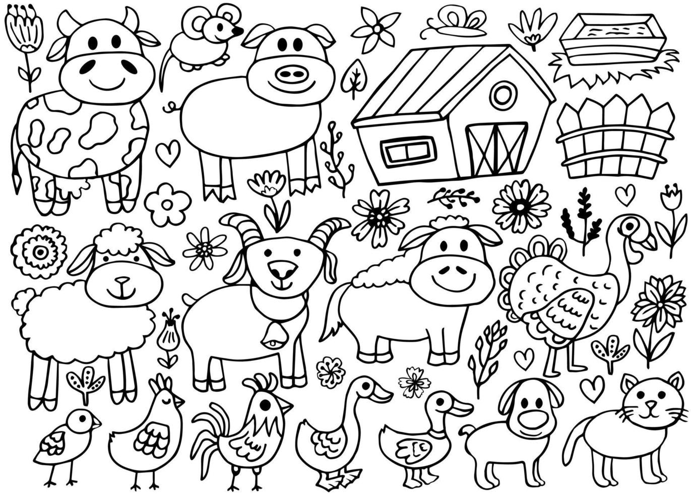 Hand drawn set farm animal, horse, cow, flowers. Doodle sketch style. Agriculture life background, icon. Isolated vector illustration.