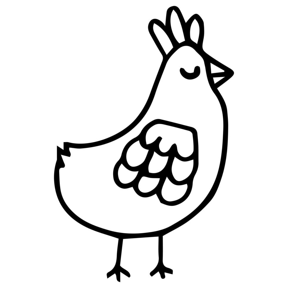 Hand-drawn simple vector sketch with black outline. Poultry, chicken, laying hen, farming, animal. Organic farm, label, coloring. Ink drawing.
