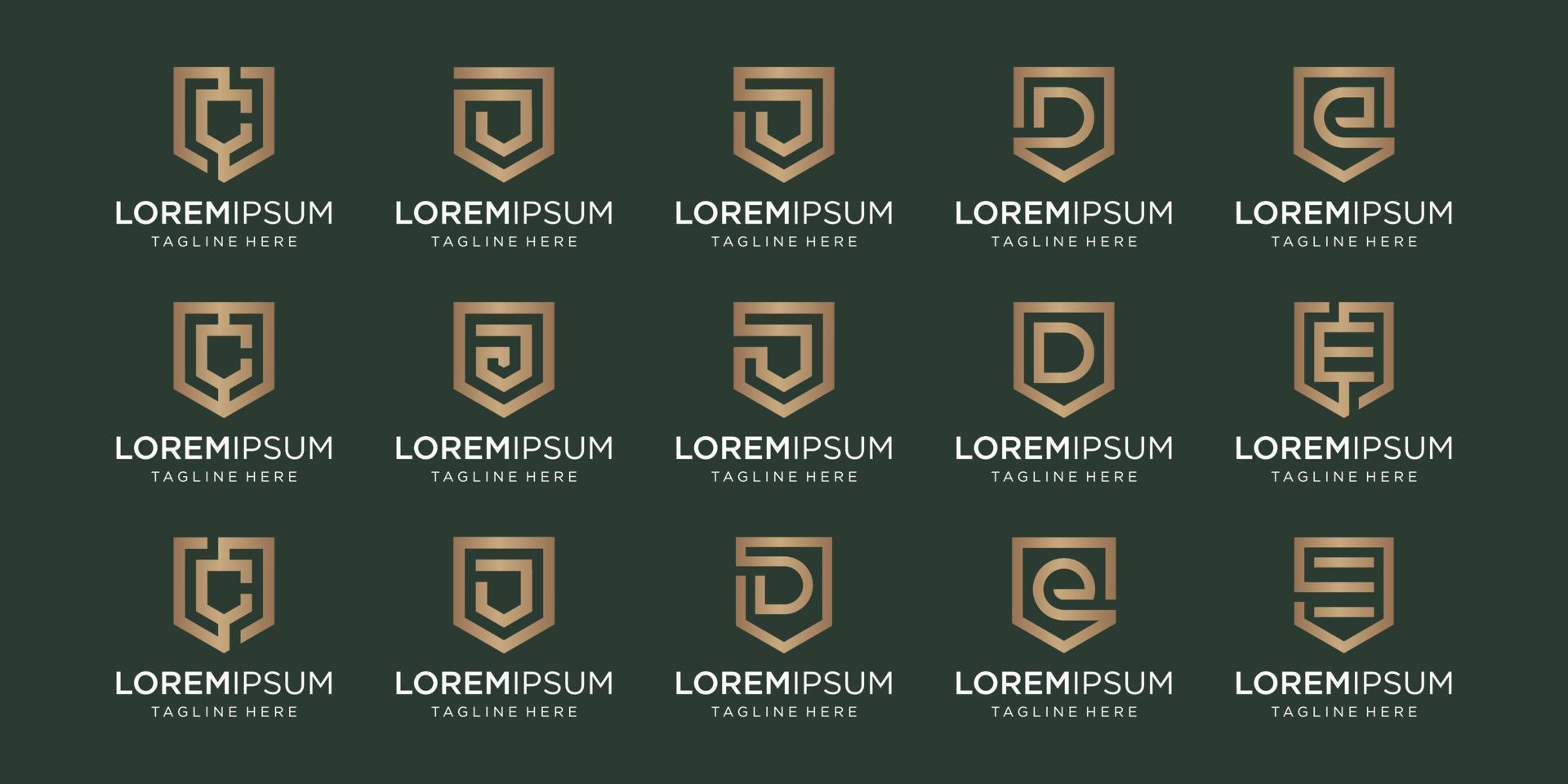 set of letter C D E monogram and shield sign combination. Line art logo design. Symbolizes reliability, safety, power, security.  luxury logotype. vector
